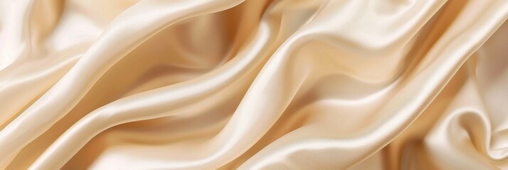 Obraz premium Beige drapery silk fabric background. Wavy satin cloth texture pattern. Smooth shiny drape material