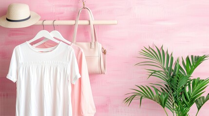 Clothes in various colors hang on a rack in a minimalist setting, with a branch of eucalyptus leaves in the background