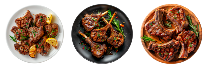 Set of a lamb chops in a plate isolated on a white or transparent background. Lamb chops in a wooden, black and white plate. Traditional Spanish dish. Top view.