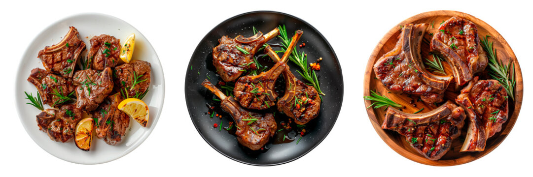 Set of a lamb chops in a plate isolated on a white or transparent background. Lamb chops in a wooden, black and white plate. Traditional Spanish dish. Top view.