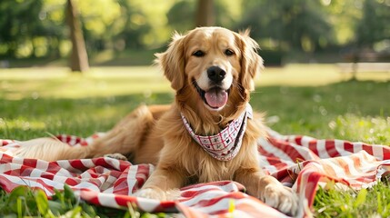 Cute Golden Retriever dog with bandana on picnic blanket grass park background. Picnic leisure lifestyle concept