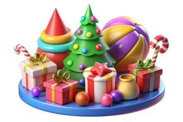 3D cartoon Christmas composition featuring candles, crosses, decor, toys, and geometric shapes in gold, crafted from plastic and plasticine, on a transparent background