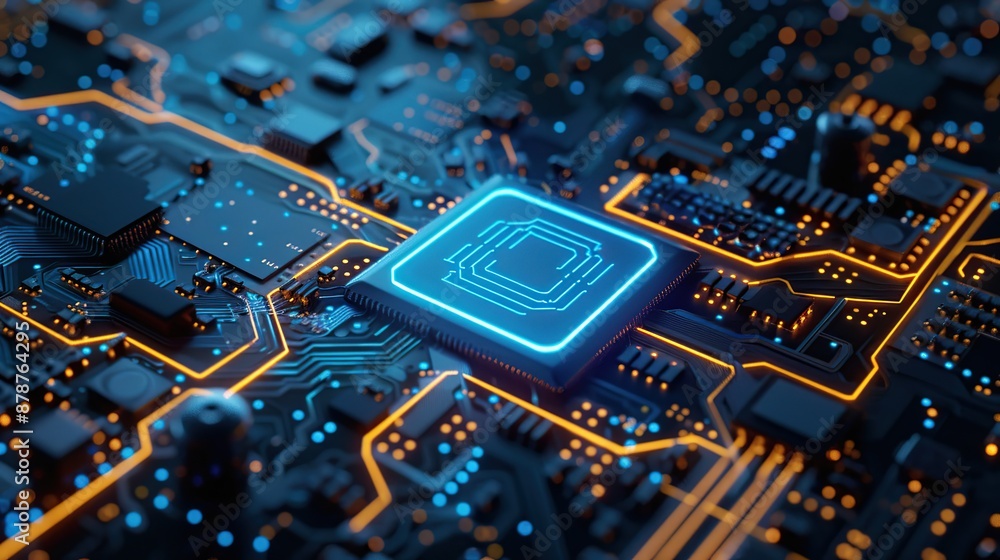 Poster glowing microchip on circuit board with blue and orange light