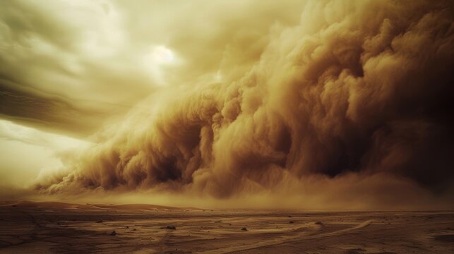 A massive dust storm rolling in over a desert landscape