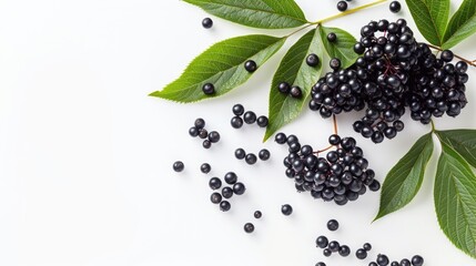 Elderberry and leaf on white background Common names and top view