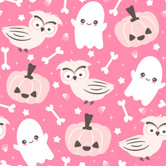 cute hand drawn cartoon character owl seamless vector pattern background illustration with halloween pumpkins, ghost, bones, stars and candy corns