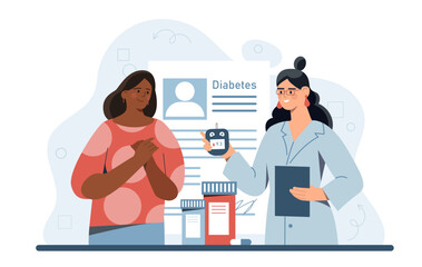 Woman with diabetes. Young girl with doctor measures blood sugar and insulin levels. Diagnosis and treatment, medical care. Glucose control. Flat vector illustration isolated on white background