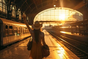 Backlit woman waving goodbye at a nostalgic sunset-lit train station, evoking warm farewell emotions
