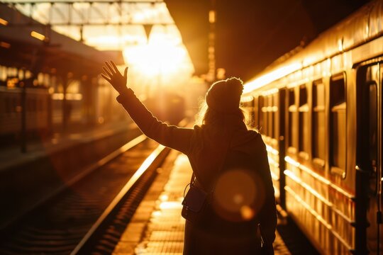 A lone woman waves goodbye at a train station bathed in sunset light, evoking a tender farewell