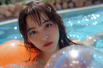 Fototapeta premium プールを楽しむ可愛い女性 笑顔