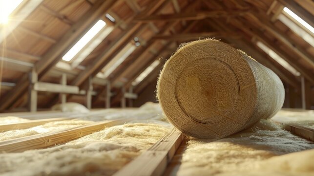 Mineral rockwool roll in unfinished house attic with empty space