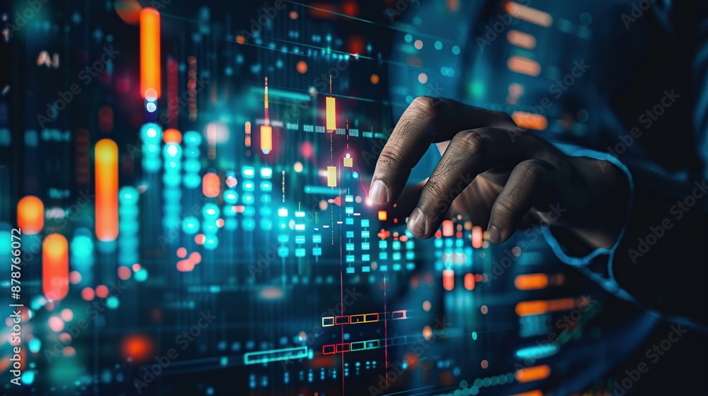 Aufkleber fingertip interaction with futuristic stock market visualization of financial data analysis