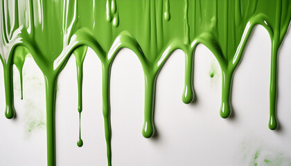 Vibrant green paint dripping on white background. Fresh bright paint flowing down. Abstract pattern.