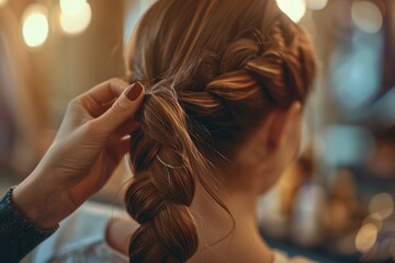 Fototapeta premium Skilled hair stylist creates an intricate braid in a cozy salon atmosphere
