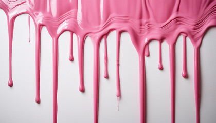 Vibrant pink paint dripping on white background. Fresh bright paint flowing down. Abstract pattern.