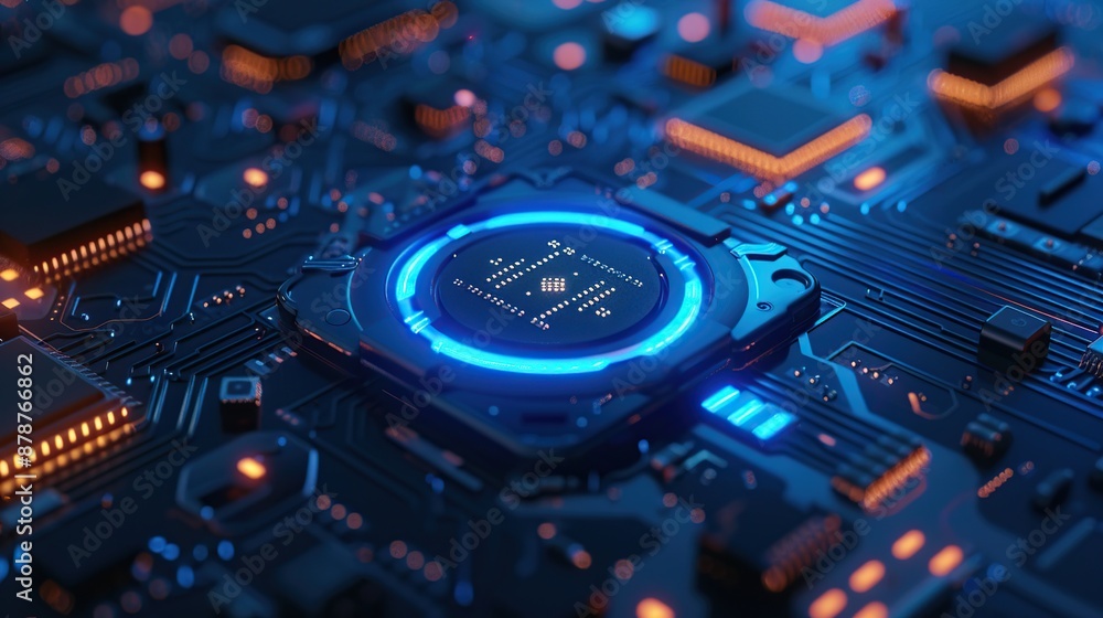 Poster Glowing blue and orange electronic circuit board with intricate patterns and components