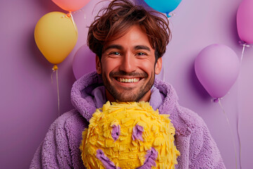 A young  man in purple holds an oversized yellow smiley,world smile day emoji.