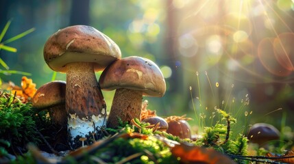 Wild porcini mushrooms grown naturally in a forest on a sunny day