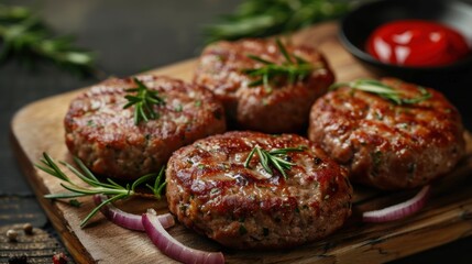 Close up of four juicy rosemary-seasoned meat patties on a wooden cutting board