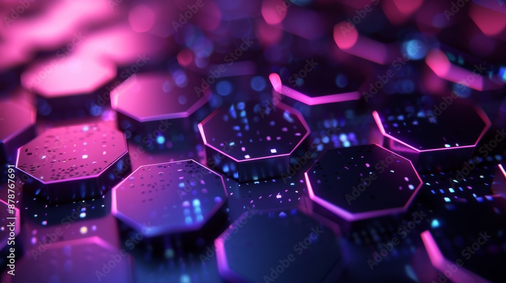 Poster close-up of a futuristic hexagonal neon grid with glowing digital elements, perfect for tech designs