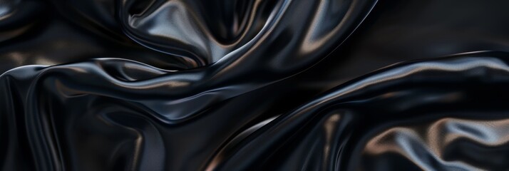 Fototapeta premium Black drapery silk fabric background. Wavy satin cloth texture pattern. Smooth shiny drape material
