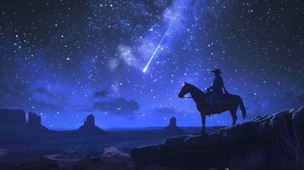 In the calmness of the night, a lone cowboy, riding on horseback, marvels at the starlit sky with a bright shooting star, forming a peaceful and magical desert landscape
