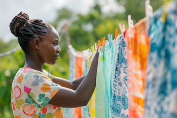 happy black african housewife hangs up the laundry outside, africa