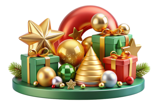 3D cartoon Christmas composition featuring candles, crosses, decor, toys, and geometric shapes in gold, crafted from plastic and plasticine, on a transparent background