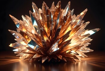 Burst flower like holographic Crystal with colorful light reflections, dark background, painting, multicolor, reflections, shiny, background, abstract, fantasy, beams, diamond, stone, concept