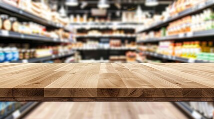 Obraz premium Wooden countertop in a blurred grocery store setting
