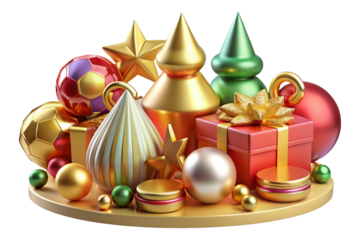 3D cartoon Christmas composition featuring candles, crosses, decor, toys, and geometric shapes in gold, crafted from plastic and plasticine, on a transparent background