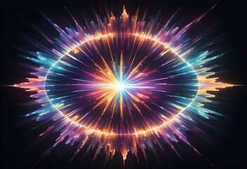 Fototapeta premium Burst flower like holographic Crystal with colorful light reflections, dark background, painting, multicolor, reflections, shiny, background, abstract, fantasy, beams, diamond, stone, concept