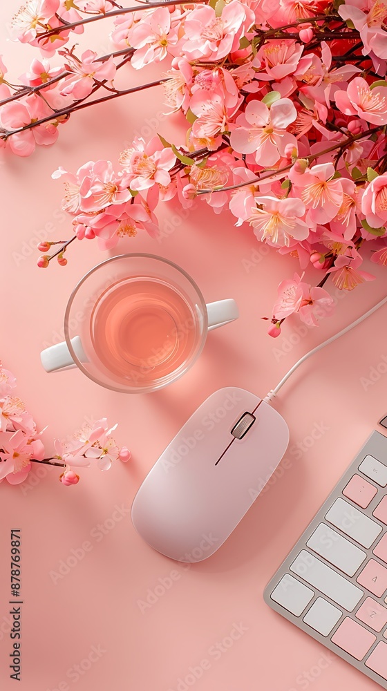 Wall mural a close-up of a stylish wireless mouse and keyboard set with pastel color background