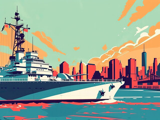 Obraz premium Risograph riso print travel poster, card, wallpaper or banner illustration, modern, isolated, clear and simple of Intrepid Sea, Air, Space Museum, New York City, USA. Artistic, screen printing