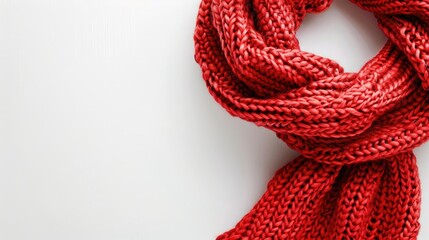 Handcrafted woolen neckwear tiny red knitted scarf on white backdrop Close up shot with blank area