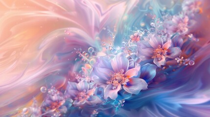 Fototapeta premium Abstract pink and blue flowers with bubbles in a swirling background