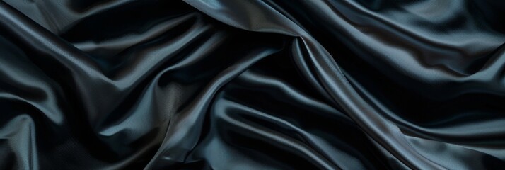 Fototapeta premium Black drapery silk fabric background. Wavy satin cloth texture pattern. Smooth shiny drape material