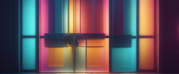 Fototapeta premium Graphic representation of an entrance door or passageway in neon colors in an illustrative style