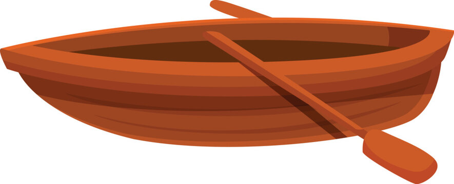 Simple cartoon icon of a small wooden rowing boat floating on water with oars