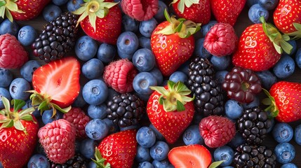 Fototapeta premium assortment of fresh berries including strawberries, blueberries, raspberries, and blackberries.