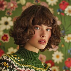 Naklejka premium Portrait of a young woman with curly hair wearing a green sweater with a floral background