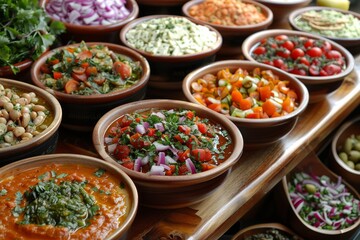 A variety of fresh, colorful Mediterranean dishes arranged on a wooden table