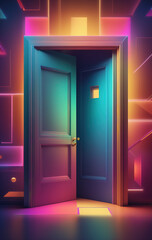Graphic representation of an entrance door or passageway in neon colors in an illustrative style