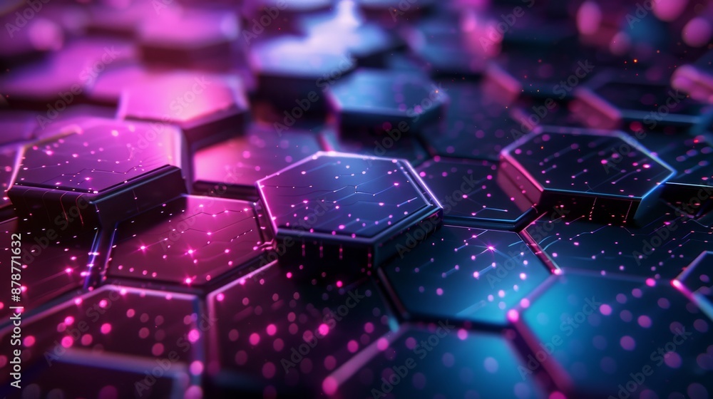 Poster a hightech setting featuring illuminated hexagons and abstract design elements in a futuristic digit