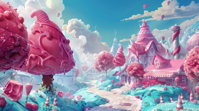 A candy-coated village with pink trees and a blue sky