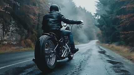 Motorcyclist on a chopper looking from the back wheel