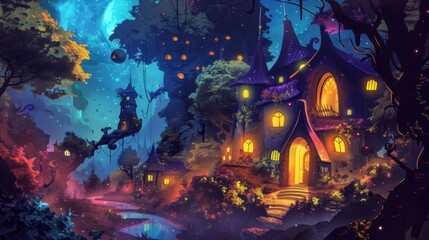 Fototapeta premium Enchanting fantasy village at night with glowing lights and stream