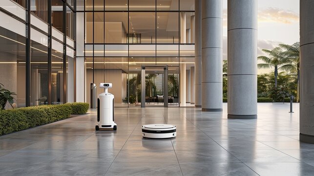 A white autonomous delivery robot drives on a paved path in front of a modern apartment building with a gray garage door
