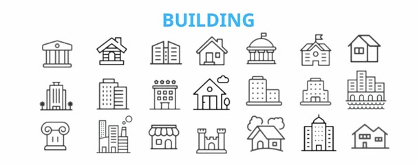 Building web icons in line style. Hotel, hospital, apartament, city, town house, mall, coffee, collection. Vector illustration.