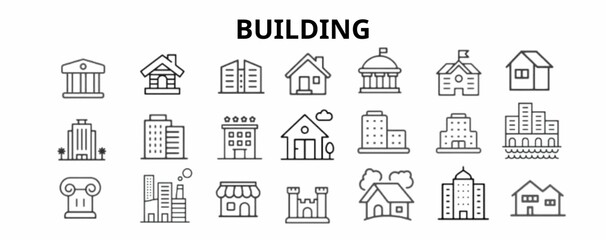 Building web icons in line style. Hotel, hospital, apartament, city, town house, mall, coffee, collection. Vector illustration.